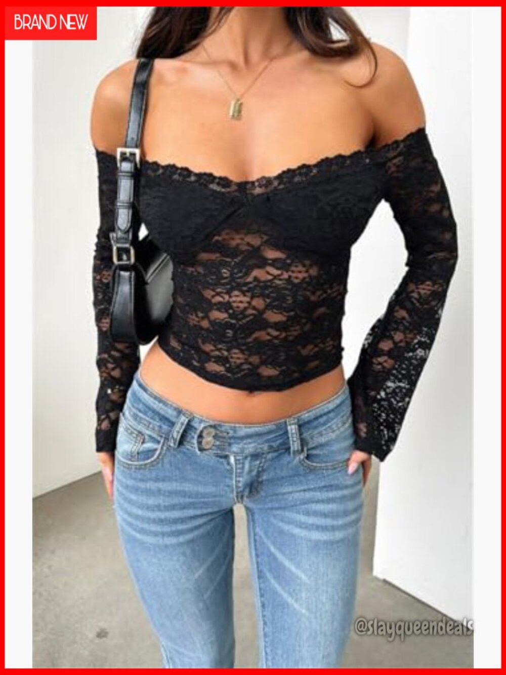 Off Shoulder Crop Top Long Sleeve Sheer Lace Backless Going Out - Picture 2 of 7